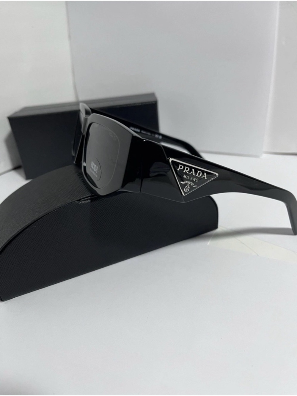 Prada Black Gloss Rectangular Logo Sunglasses